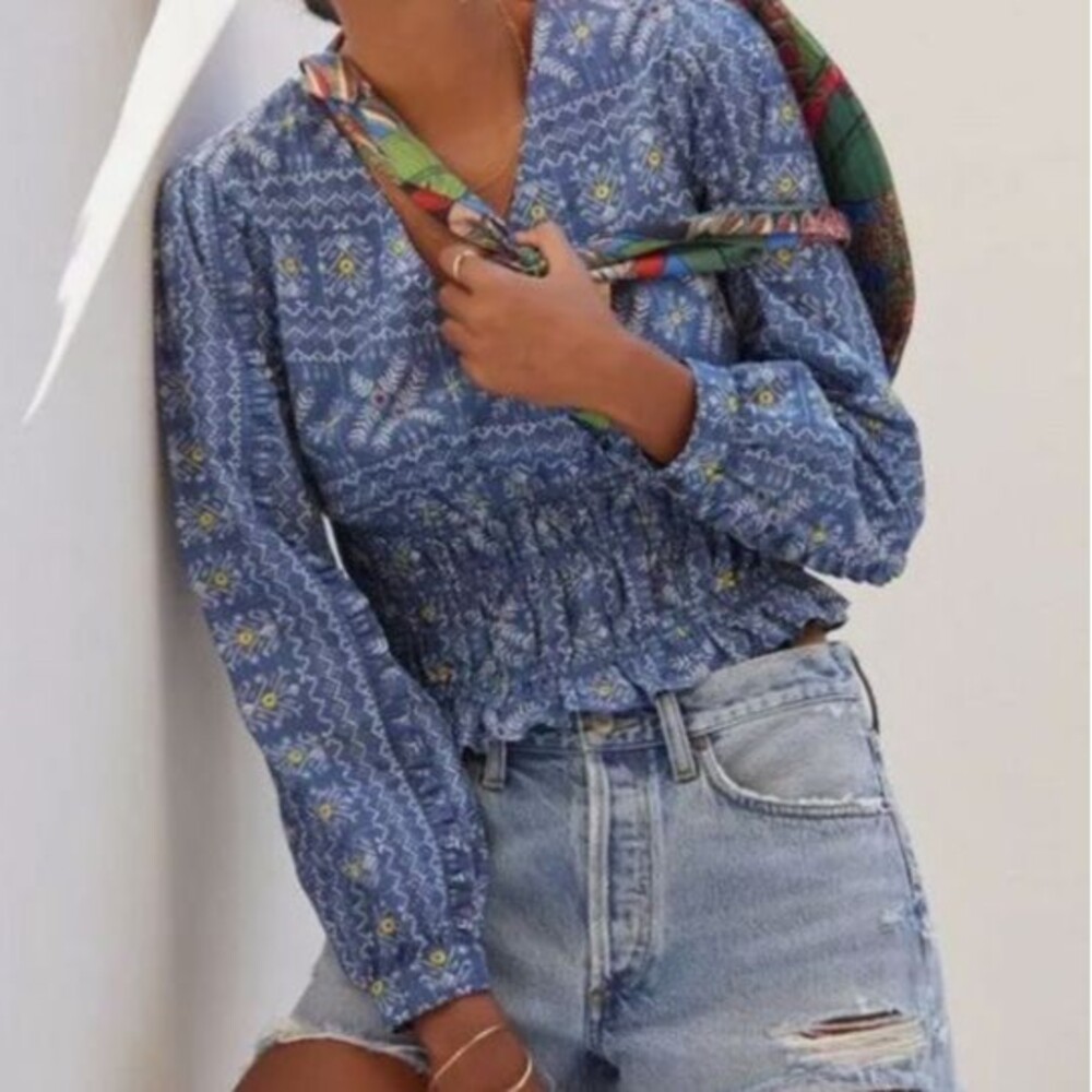 ~Anthropologie Forever That Girl S Embroidered Smocked Blouse Blue Faux Wrap Top